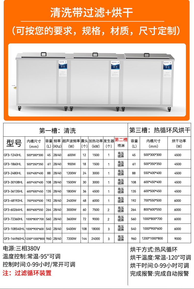 冠博仕GF30108HL三槽超聲波清洗機 | 108L / 1500W | 工業級過濾漂洗烘干設備 | 五金模具汽修零件強力除油除銹清潔機